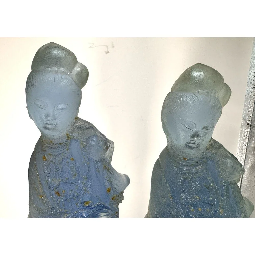 Vintage 2 Japanese Geisha Doll Figurine Blue Kimono Resin Plastic Hollywood MCM